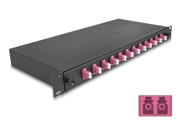 Delock - Spleiseboks for fiberoptikk - OM4, complete assembled - front - rackmonterbar - LC Duplex x12 - svart - 1U - 19"
