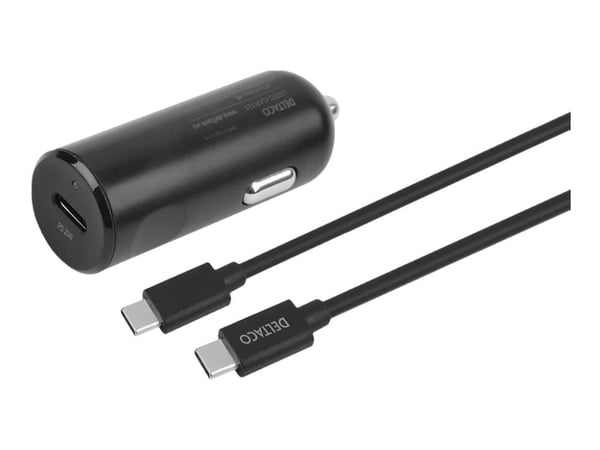 DELTACO USBC-CAR125 - Bilstrømadapter - 20 watt - 3 A - PD (USB-C) - på kabel: Lightning - svart