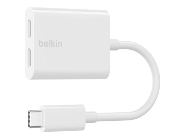 Belkin Connect Audio + Charge - USB-C til USB-C hodetelefoner / ladeadapter - USB-C hann til USB-C hunn - 14 m - hvit - USB Power Delivery (60W)