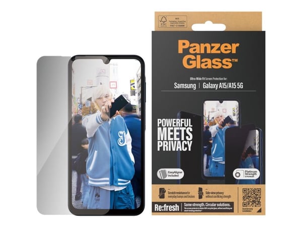PanzerGlass - Skjermbeskyttelse for mobiltelefon - ultravid passform m. EasyAligner - glass - med personvernsfilter - for Samsung Galaxy A15, A15 5G