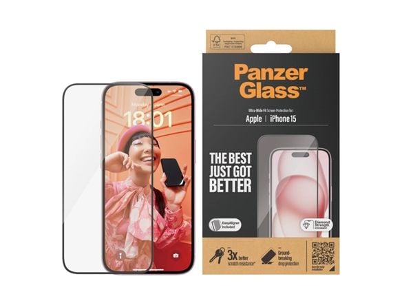 PanzerGlass - Skjermbeskyttelse for mobiltelefon - ultravid passform med EasyAligner - glass - rammefarge svart - for Apple iPhone 15