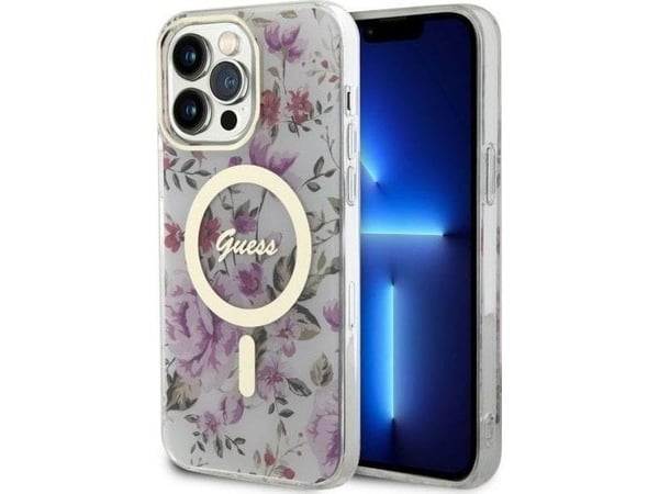 Guess GUHMP14XHCFWST iPhone 14 Pro Max 6.7" transparent hårt skal Flower MagSafe