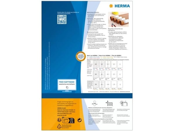 HERMA 10792, Hvit, Rektangel, 66 x 33.8 mm, Universell, Papir, Laser/Blekkskriver