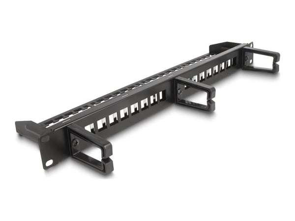 Delock - Koblingspanel - with 3 hooks, strain relief - skapmonterbar - svart - 1U - 19" - 16 porter