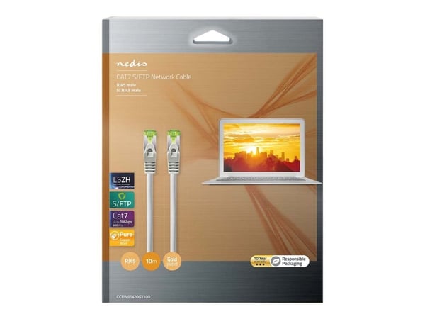 Nedis - Koblingskabel - RJ-45 (hann) rett til RJ-45 (hann) rett - 10 m - 6 mm - SFTP - CAT 7 - halogenfri, formstøpt, uten hindringer - grå