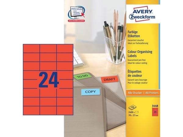 Avery 3448, Punainen, Itse kiinnittyvä tulostintarra, A4, Paperi, Laser/Inkjet, Kiinteä