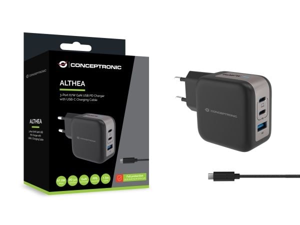 Conceptronic - Strømadapter - 67 watt - 4.05 A - QC 3.0, Power Delivery 3.0 + PPS - 3 utgangskontakter - svart
