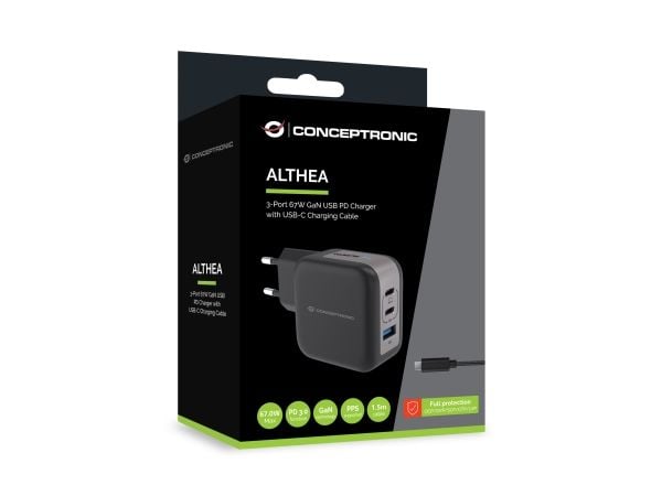 Conceptronic - Strømadapter - 67 watt - 4.05 A - QC 3.0, Power Delivery 3.0 + PPS - 3 utgangskontakter - svart