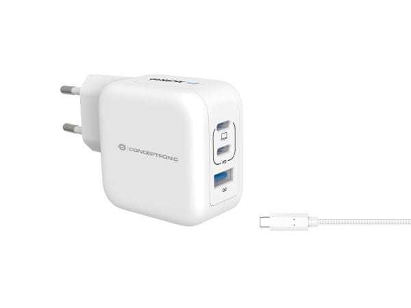 Conceptronic - Strømadapter - 67 watt - 1.5 A - QC 3.0, Power Delivery 3.0 + PPS - 3 utgangskontakter - hvit