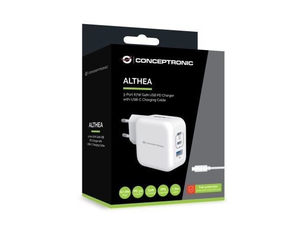 Conceptronic - Strømadapter - 67 watt - 1.5 A - QC 3.0, Power Delivery 3.0 + PPS - 3 utgangskontakter - hvit