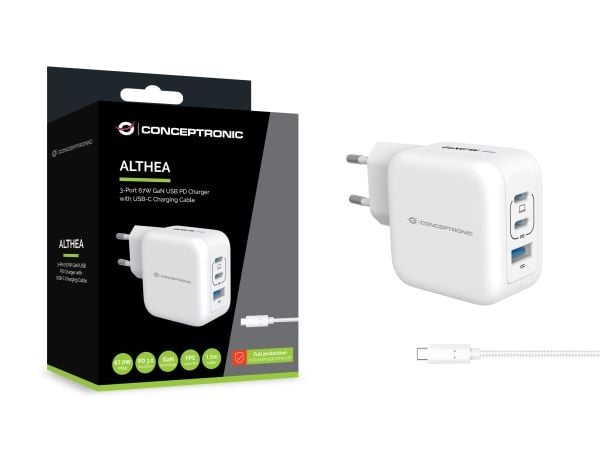 Conceptronic - Strømadapter - 67 watt - 1.5 A - QC 3.0, Power Delivery 3.0 + PPS - 3 utgangskontakter - hvit
