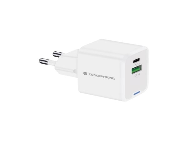 Conceptronic - Strömadapter - 20 watt - 3 A - Power Delivery 3.0 + PPS, QC 3.0 - 2 utdatakontakter - vit