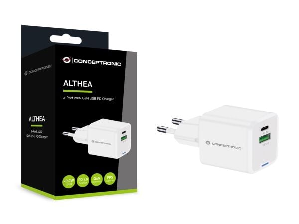Conceptronic - Strömadapter - 20 watt - 3 A - Power Delivery 3.0 + PPS, QC 3.0 - 2 utdatakontakter - vit