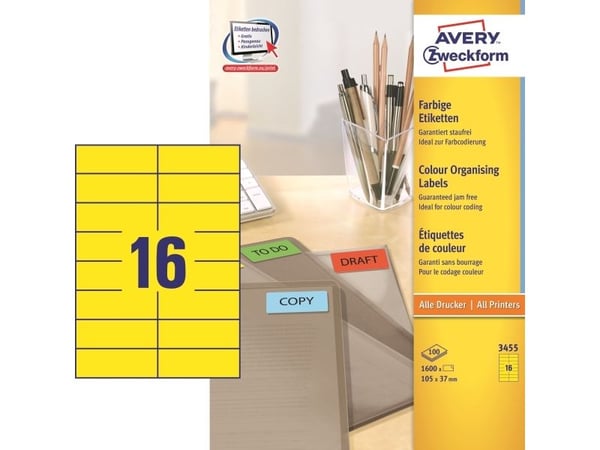 Avery - Gul - 105 x 37 mm 1600 etikett(er) (100 ark x 16) filmappeetiketter
