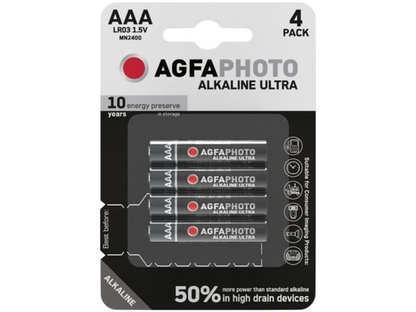 AgfaPhoto 110-821856, Engangsbatteri, AAA, Alkalinsk, 1,5 V, 4 stykker, Sort, Rød, Hvit