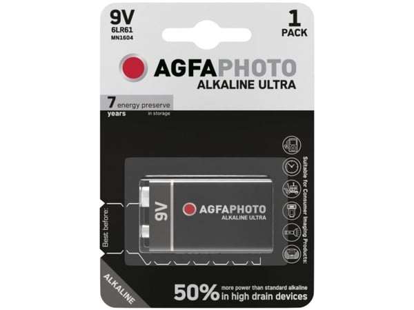 AgfaPhoto 110-851808, Engangsbatteri, 9V, Alkalinsk, 9 V, 1 stykker, Sort, Rød, Hvit