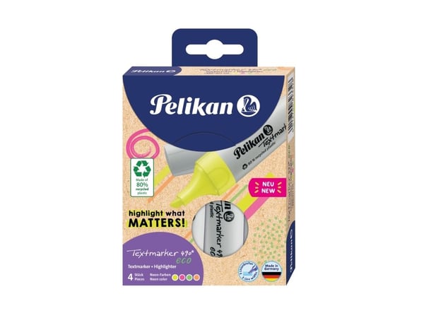 Pelikan Textmarker 490 eco, 4 stk, grønn, oransje, rosa, gul, meiselspiss, resirkulert plast, fet/fin/middels, 1 mm