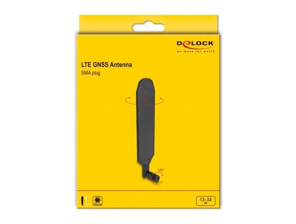 Delock - Antenne - SMA plug, with tilt joint, LTE GNSS, rotatable - 20.9 cm - 1,5 dBi (for 700 - 960 MHz), 3 dBi (for 2100 - 2700 MHz), 1.8 dBi (fo...