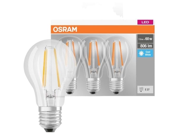 OSRAM BASE CLASSIC A - LED-lyspære - form: A60 - klar finish - E27 - 6.5 W (ekvivalent 60 W) - klasse E - kjølilg hvitt lys - 4000 K (en pakke 3)