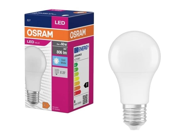 OSRAM HOMELIGHTING LED-pære E27, EEK F (A - G) 8,5 W = 60 W, nøytralhvit, Ø 60 mm x H 60 mm, 1 stk