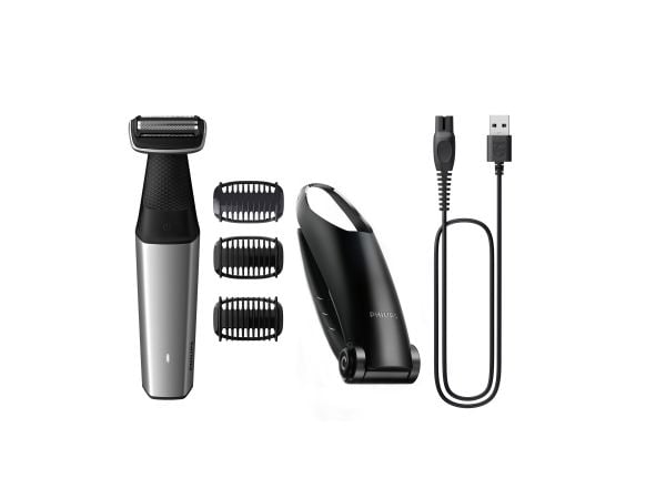 Philips BODYGROOM Series 5000 BG5021/15 Suihkunkestävä trimmeri nivusille ja vartalolle, Märkä ja kuiva, Öljyvapaa huolto, Akku, Musta, Hopea