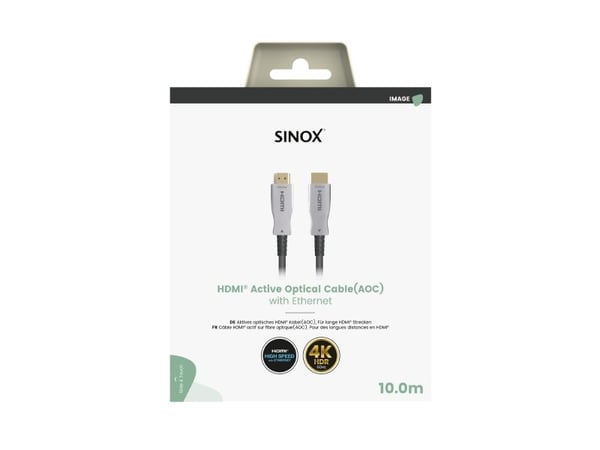 Sinox HDMI™ Optisk kabel 4K60Hz+E. 10m, Svart, 10 m, HDMI Type A (Standard), HDMI Type A (Standard), 3D, 18 Gbit/sek, Svart, Grå