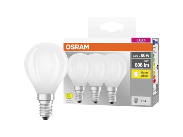 OSRAM HOMELIGHTING 4058075592599 LED (RGB)-lampa EEK D E14 droppform 5.5 W (=60 W) varmvit (Ø x H) 45 x 45 mm, 3 st
