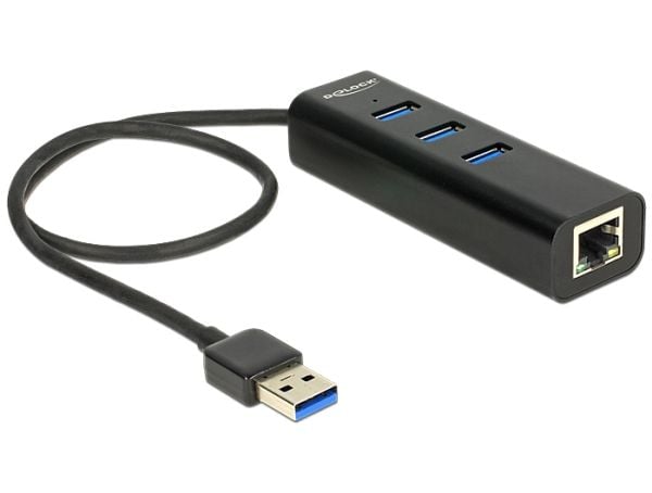 Delock USB 3.0 Hub 3 Port + 1 Port Gigabit LAN 10/100/1000 Mb/s - Hub - 3 x SuperSpeed USB 3.0 + 1 x 10/100/1000 - stasjonær