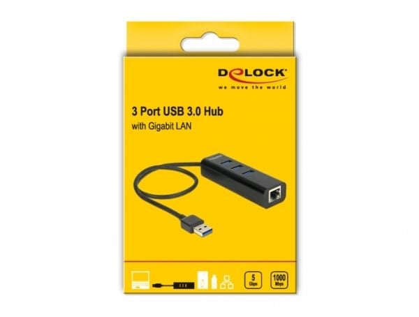 Delock USB 3.0 Hub 3 Port + 1 Port Gigabit LAN 10/100/1000 Mb/s - Hub - 3 x SuperSpeed USB 3.0 + 1 x 10/100/1000 - stasjonær