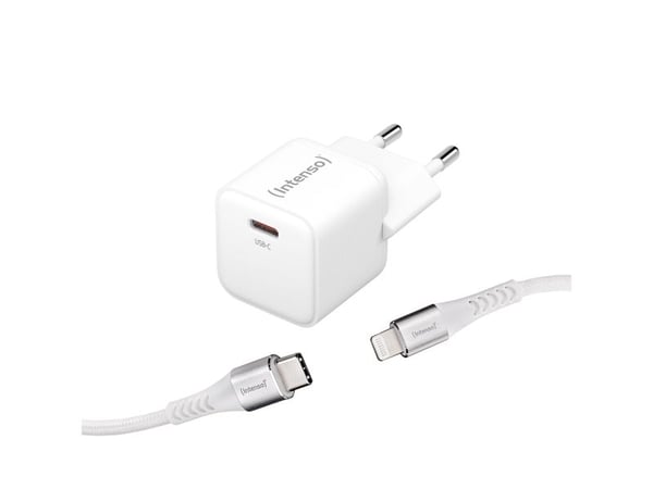 Intenso W30C - Strømadapter - GaN - (Lightning-kabel) - 30 watt - 3 A - PD 3.0, QC 4.0, PD/PPS (24 pin USB-C) - MFI-sertifisert - hvit