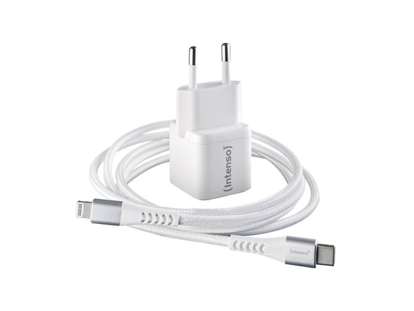 Intenso W30C - Strømadapter - GaN - (Lightning-kabel) - 30 watt - 3 A - PD 3.0, QC 4.0, PD/PPS (24 pin USB-C) - MFI-sertifisert - hvit
