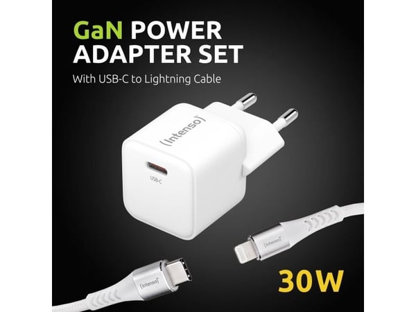 Intenso W30C - Strømadapter - GaN - (Lightning-kabel) - 30 watt - 3 A - PD 3.0, QC 4.0, PD/PPS (24 pin USB-C) - MFI-sertifisert - hvit
