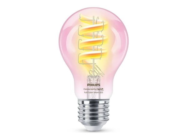 Philips Älykäs RGB-filamenttilamppu, A60, E27-kanta, 470 lm, Älylamppu, Wi-Fi/Bluetooth, Läpinäkyvä, Wi-Fi 4 (802.11n), 802.11b, 802.11g, LED, E27