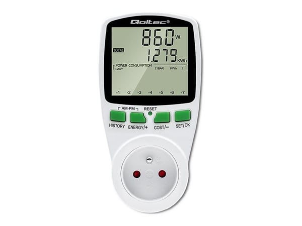 Qoltec Wattmeter PM0627 energiankulutusmittari mittaushistorialla| 3680W | 16A | LCD-näytön näyttö