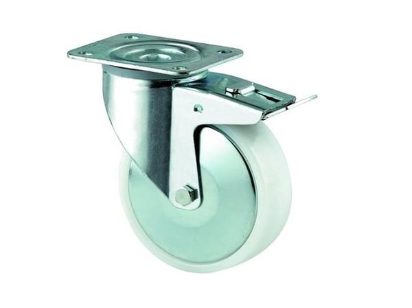 Drejeligt hjul m/ bremse polyamid Ø125 mm 275 kg glideleje med plade Byggehøjde: 155 mm. Driftstempe