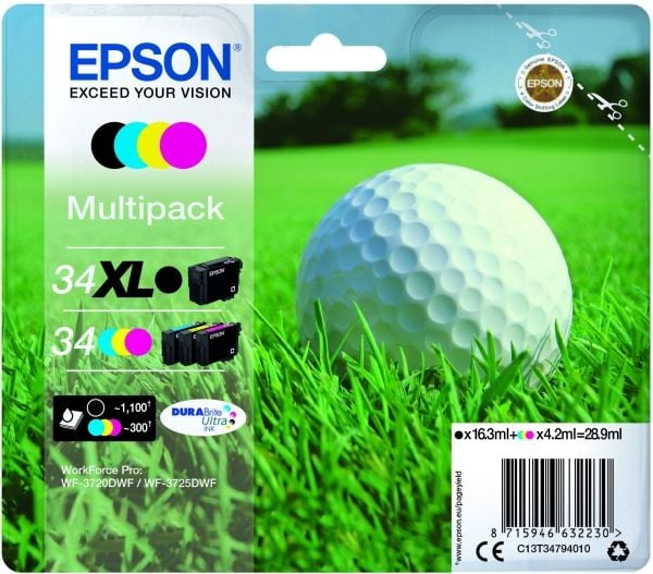 Epson Golf ball Multipack 4-colours 34 XL Black/Std. CMY DURABrite Ultra Ink, Korkea (XL) värintuotto, Musta, Syaani, Magenta, Keltainen, Väriainep...