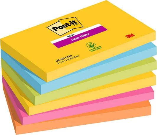 Post-it Super Sticky Rio de Janeiro 655-6SS-RIO-EU - Noter - 76 x 127 mm - 540 ark (6 x 90) - neongul, middelhavsblå, neongrønn, fuksia, neonoransje