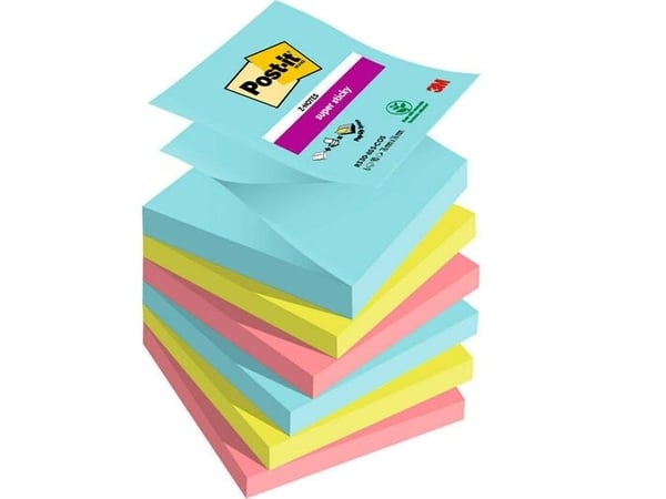 Post-It R330-6SS-MIA, firkant, Akva, Limefarget, Rød, Papir, 76 mm, 76 mm, 90 ark