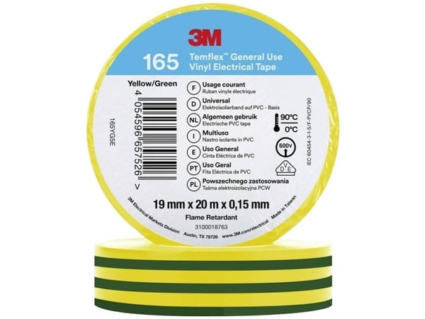 3M™ Temflex™ el vinyltape 165, Grøn/Gul, 19 mm x 20, 1 rl/pk