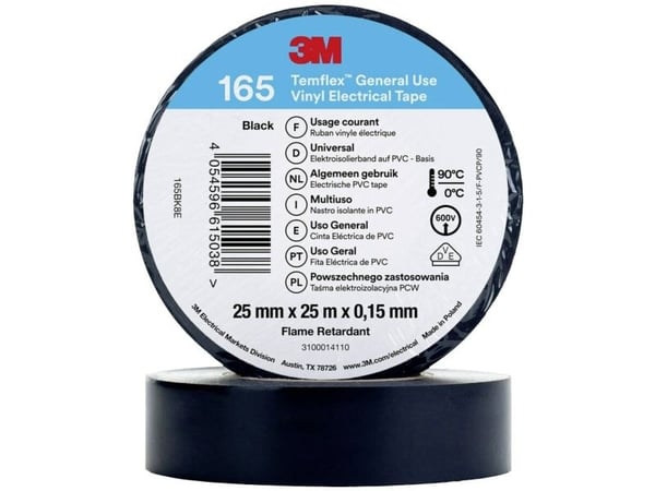 3M Temflex el vinyltape 165, Sort, 25 mm x 25 m, 1 rl/pk