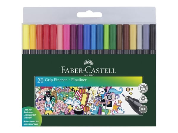 Faber-Castell GRIP - Fineliner - assorterte farger - vannbasert blekk - 0.4 mm (en pakke 20)