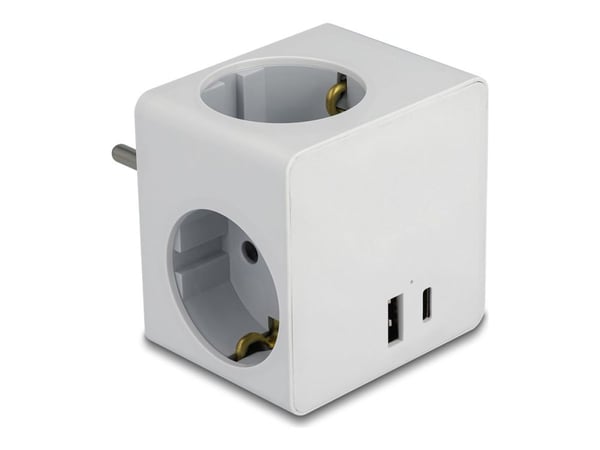 Delock pistorasiakuutio 3-suuntainen lapsilukolla ja USB PD 3.0 -laturilla 20 W valkoinen