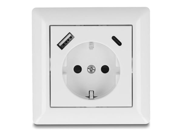 Delock - Eluttag - med PD 3.0, 18W - 2P+E - Typ F, USB, USB typ C - med fönsterluckor - 1 grupp - 1 eluttag, 1 USB-uttag, 1 USB-C-uttag - 3 A - vit