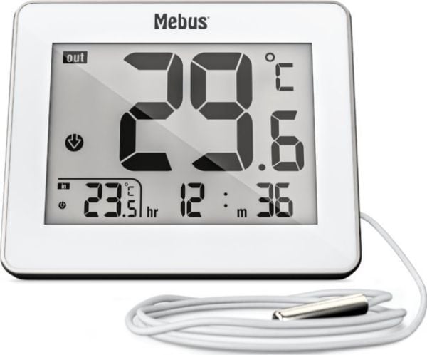 Mebus 01074, Elektronisk miljøtermometer, Inne/Ute, F, °C, Digitalt, Hvit, Rektangulær