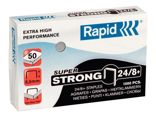 Rapid Super Strong - Stifter - 24/8+ - 8.5 mm - galvanisert stål - forsinket - pakke av 1000 - for Classic K1, K2; Supreme S50