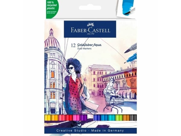 Faber-Castell Creative Studio Goldfaber Aqua - Brush pen and fineliner combo - assorterte farger - vannbasert fargestoffblekk - 4 mm (en pakke 12)