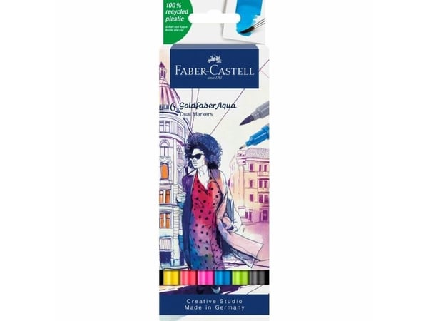 Faber-Castell Creative Studio Goldfaber Aqua - Brush pen and fineliner combo - assorterte farger - vannbasert fargestoffblekk - 4 mm (en pakke 6)