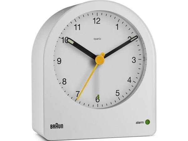 Braun BC22, Quartz vekkerklokke, Rund, Hvit, Gult, 12 timers, Alarm, Batteri