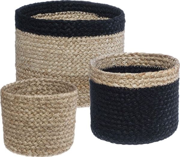 HS Decoration PIECES sandförvaringskorgar i jute, runda, 3 st, naturlig färg + svart