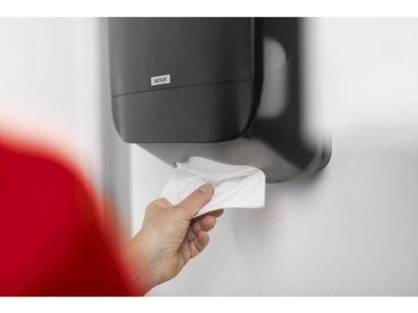 Dispenser, Katrin, Midi, 14,2x30,1x44,5 cm, svart, plast, for håndklær maks. dybde 10,2 cm og maks. bredde 24 cm